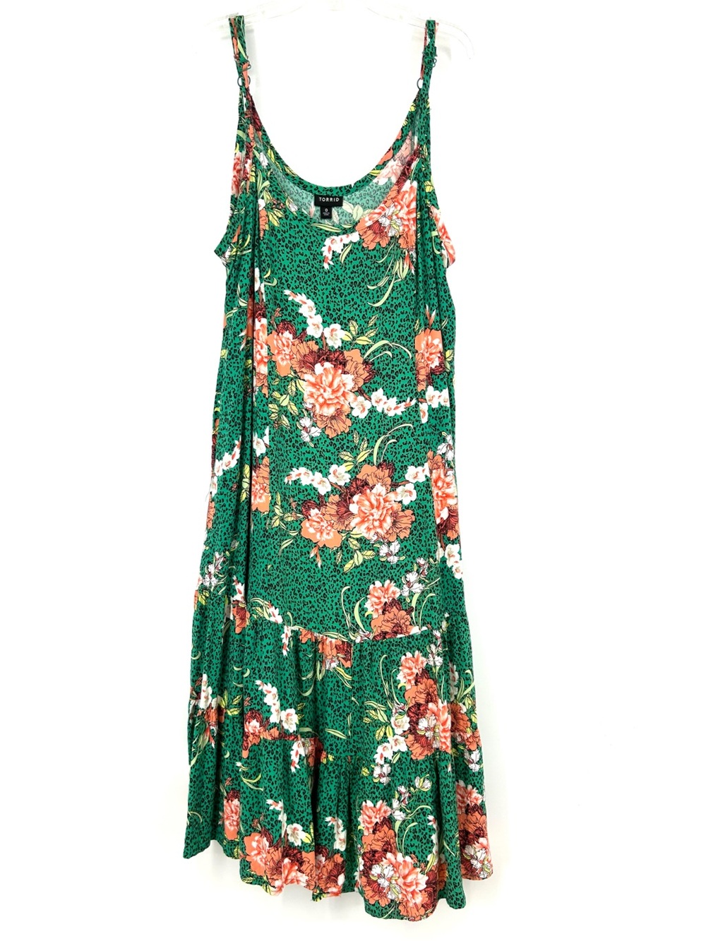 Torrid 0 Challis Tiered Trapeze Midi Maxi Dress Green Floral